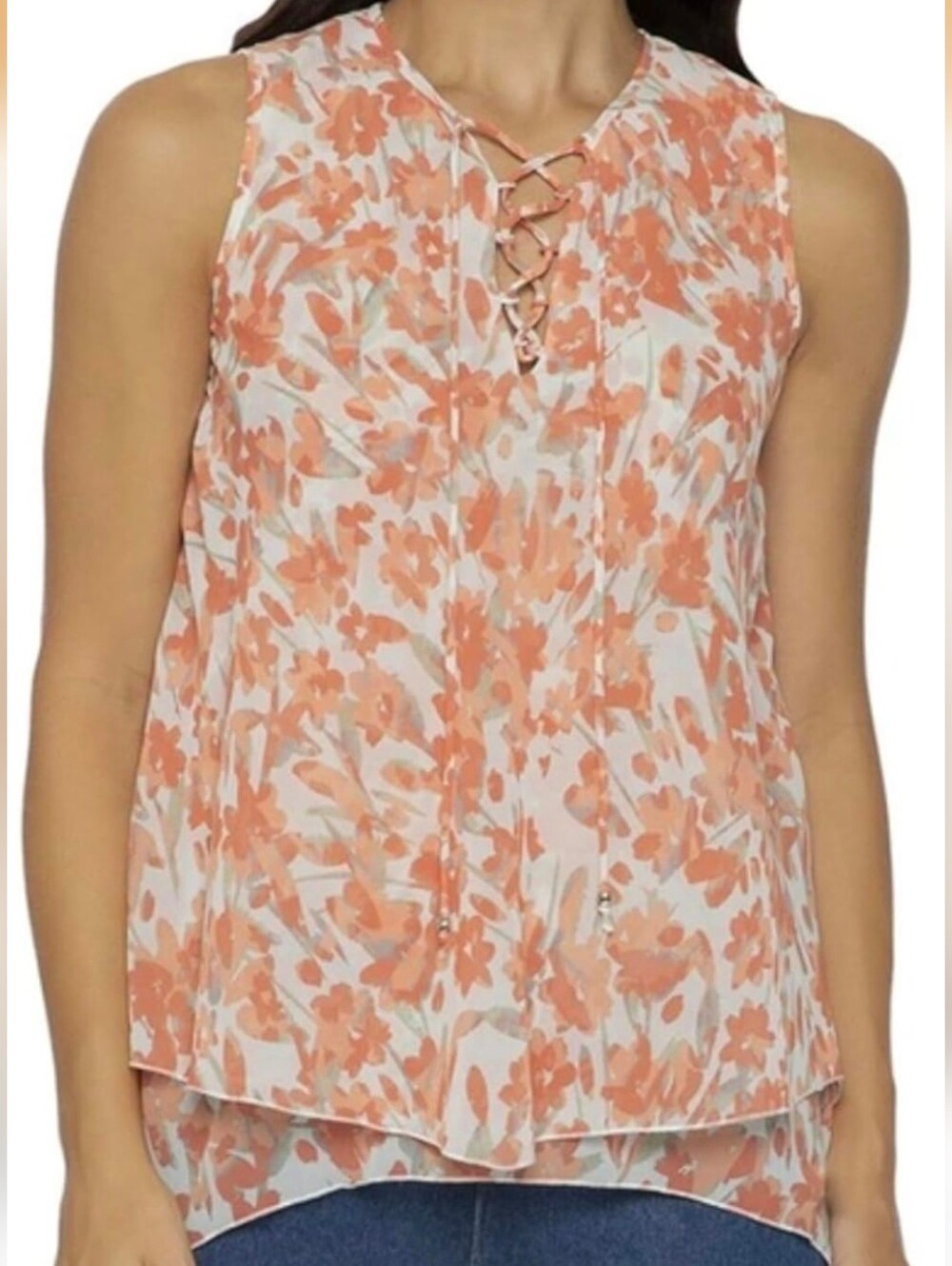 Lyssé Handkerchief Sheer Tank Top Warm Peach Floral Layered Women's Size Medium